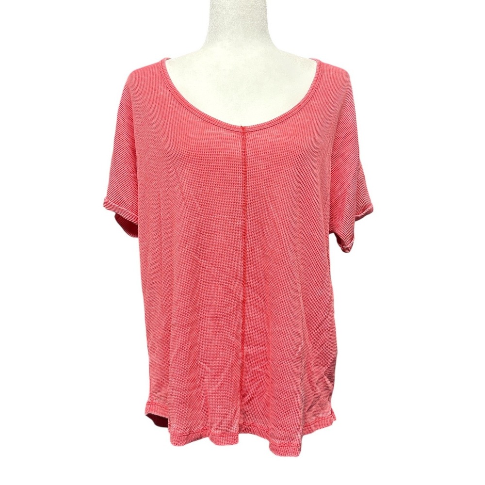 Tribal Jeans Women Melon Paint Waffle Knit Top Short Sleeve Pink Oversized S NWT